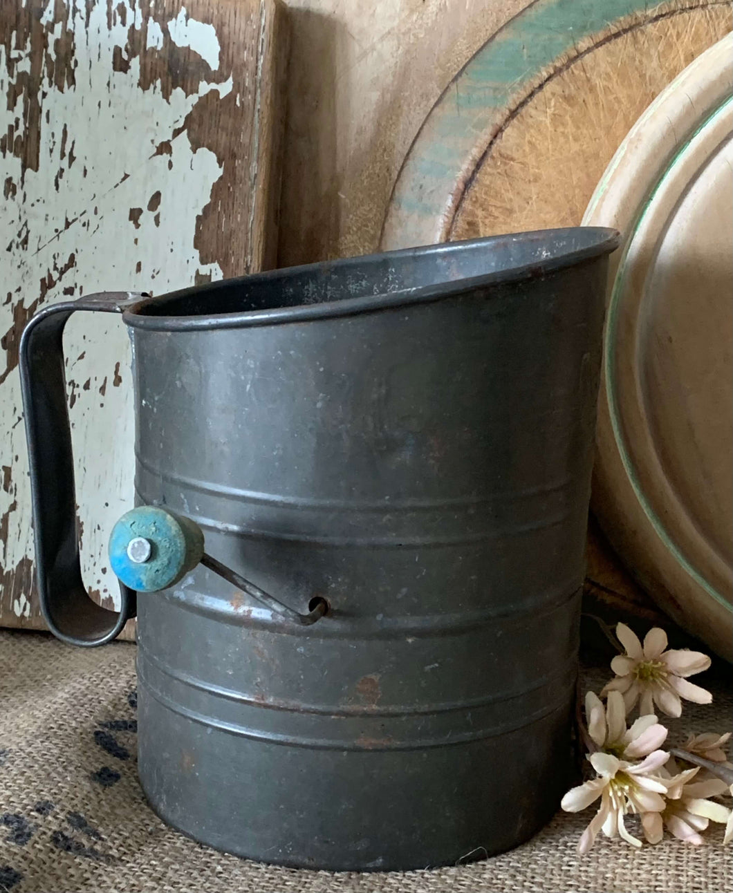 Old Kande Flour Sifter with Blue handle c.1920