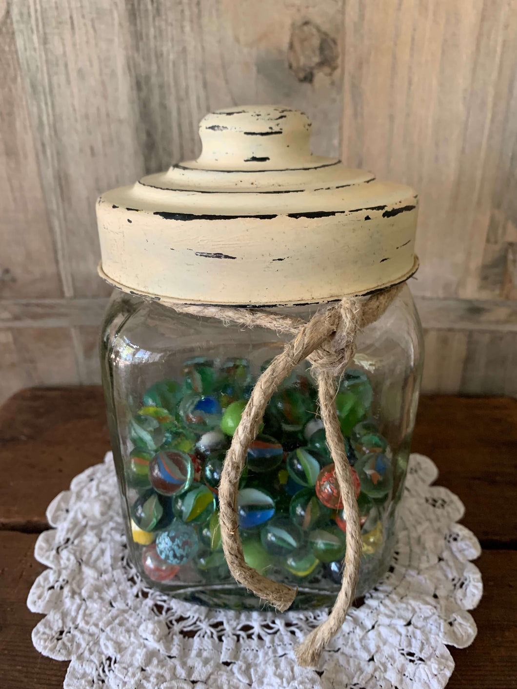 Old Jar with Faux Painted Lid/Bags of Marbles