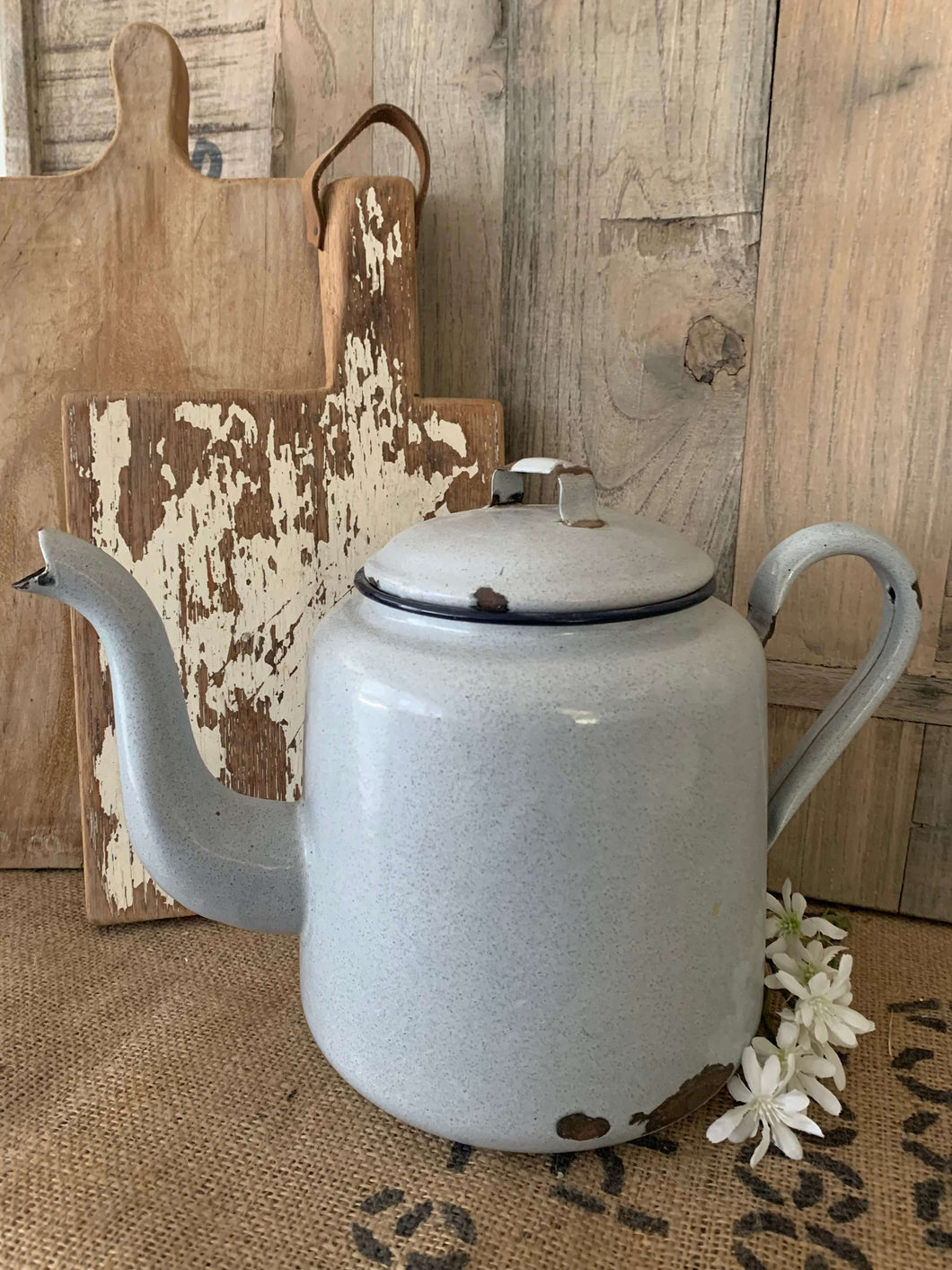 Extra Large Vintage Grey Speckled Enamel Teapot