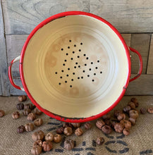 Load image into Gallery viewer, Vintage Cream and Red Enamel Straigh SIded Strainer/Colander
