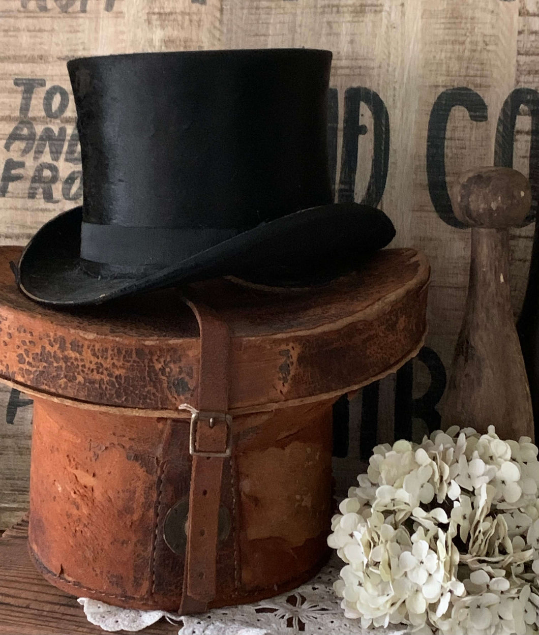 Victorian Top Hat and Leather Hat box